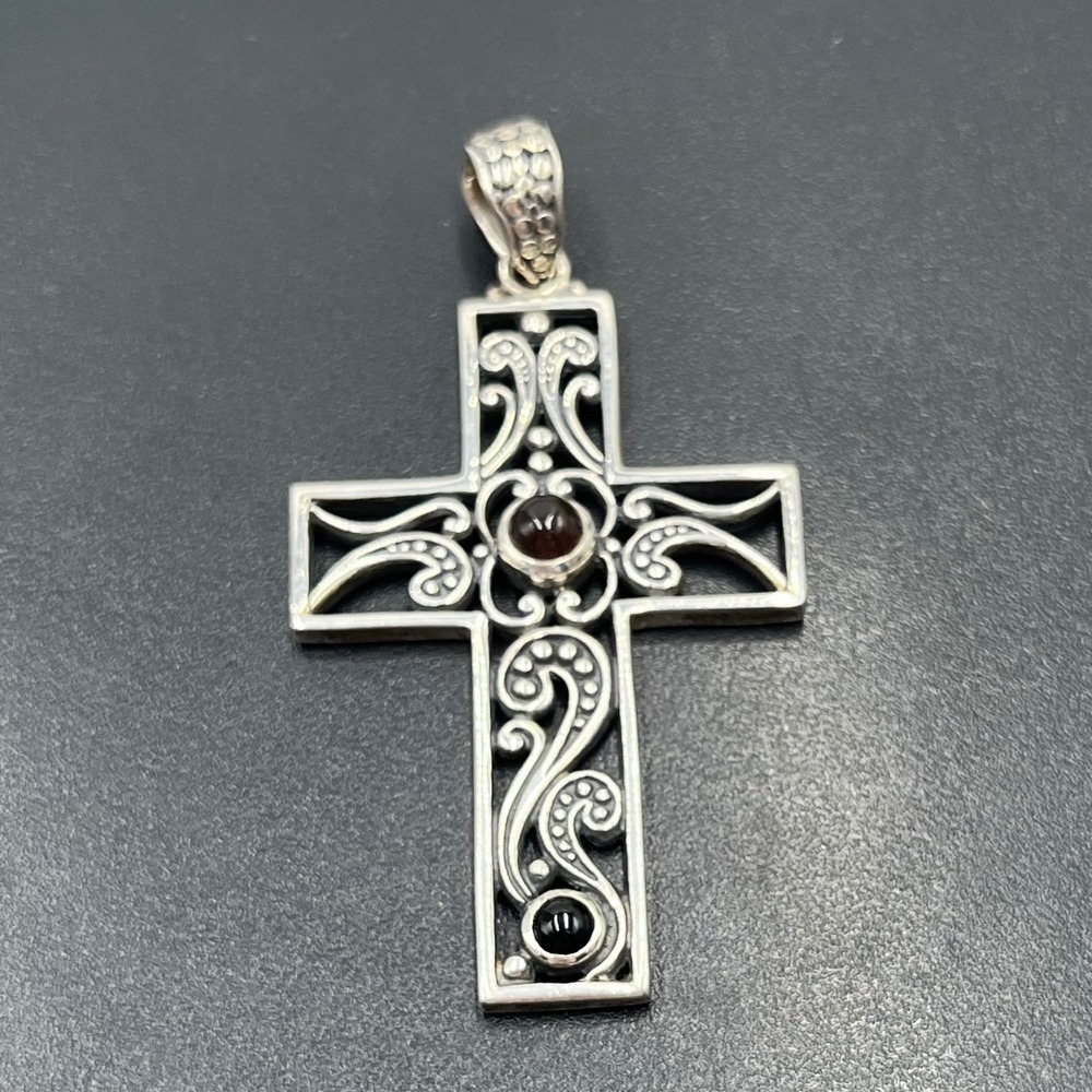 Indonesia Sterling Silver 925 Filigree Cross Garnet Cabochon Gemstone Pendant